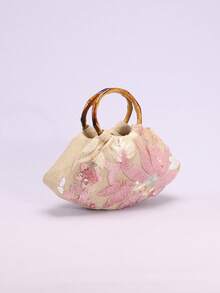 SCULPTEDSTYLE BAGS 1pc Colorful Floral Sequin Contrast Mesh Leaf Pattern Vacation Style Bamboo Handle Tote Bag, Linen Bottom, Suitable For Summer Beach Leisure (Sequin Floral Pattern Randomly Distributed) - Multicolor - View 5