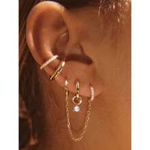 4 Pcs Fashionable Cu Zirconia Chain C-Shaped Ear Cuff Earrings Suitable For Women's Daily And Party Wear Copper Jewelry For One Ear Only - Vàng - Xem 7