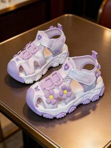 Girls' Flower Decor Sandals, Pink Princess Style Mesh Breathable, Soft Non-Slip Soles For Kindergarten & Beach - 紫色 - 查看 9