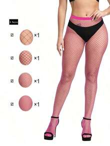 4 Pairs Women Fishnet Pantyhose Hollow Out Anti-Hook Small Mesh Stockings - 粉色 - 查看 3