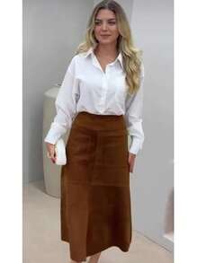 WOMEN'S SUEDE SKIRT WITH ZIPPER AND POCKET. STYLE AND ELEGANCE. - 駝色 - 查看 3