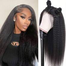 非洲卷曲直发蕾丝前假发，柔软如预先拔毛，带有婴儿发，180%密度；Yaki直发透明蕾丝假发，180%密度；无胶假发，适合（13x4，8-36英寸）（混纺假发 - 真人发和合成纤维混合）；真人混纺假发/女士真人混纺假发/真人混纺蕾丝前假发/无胶假发/漂白发结/预先拔毛/蕾丝假发/提升您的造型/增强自信/完美礼物 - SNatural - 查看 4