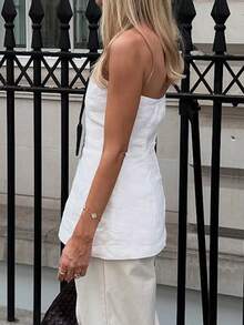 Look Polly 女士优雅休闲白色无肩带抹胸上衣，收腰弧形下摆无袖吊带衫，适合度假、海滩和夏季约会穿着 - 白色 - 查看 7