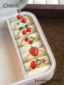 5件套奢华时尚精致草莓樱桃甜美可爱优雅铜质微镶开口戒指套装，适合度假、派对、节日佩戴（不含礼盒） - 金黃色 - 查看 2