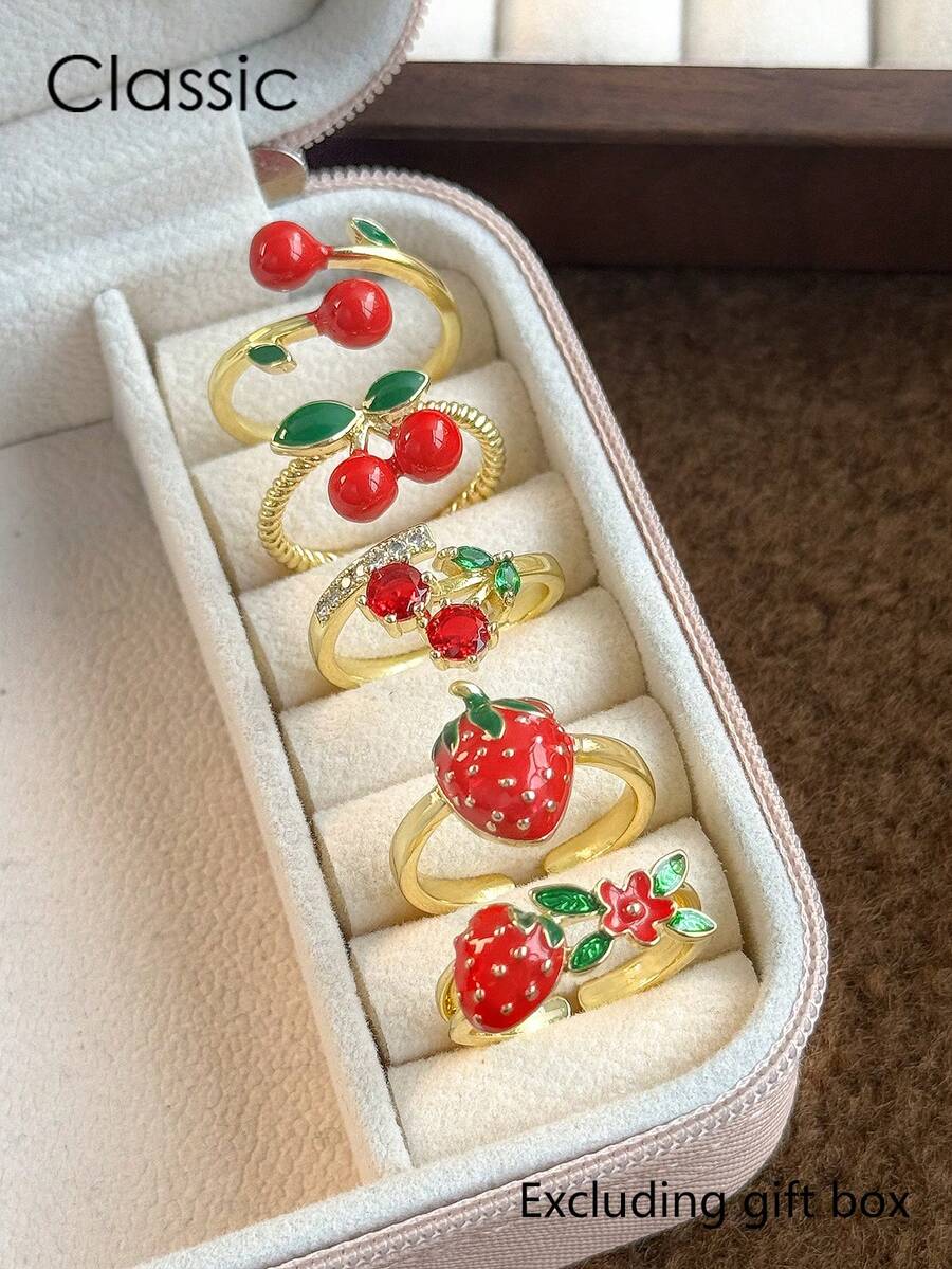 5件套奢华时尚精致草莓樱桃甜美可爱优雅铜质微镶开口戒指套装，适合度假、派对、节日佩戴（不含礼盒）