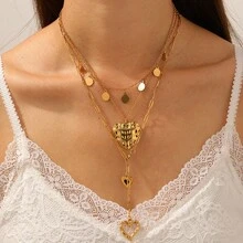 1件不锈钢波西米亚风心形流苏项链，18K镀金吊坠，高端配饰，多层项链，女士款 - 金色 - 查看 7
