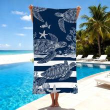 Navy Striped Sea Turtle Pattern Beach Towel | Vintage Cruise Essential, Soft Absorbent Sand-Proof Beach Blanket, Loose Swimwear Cover-Up, Unique Bridesmaid Party Favor, Retro Women Beach Accessory, Beach Party & Relaxation Necessity - Blue and White - View 12