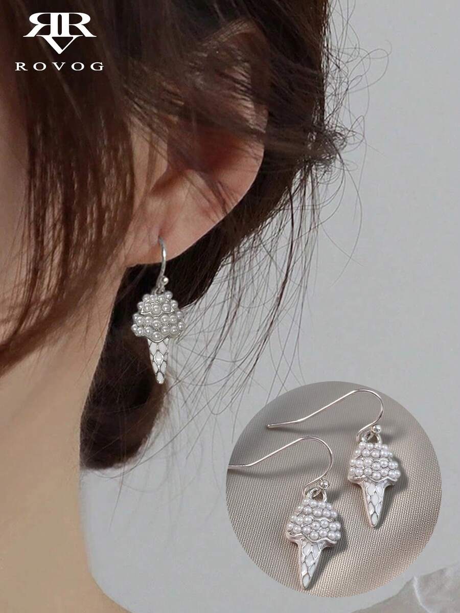 一对优雅时尚小众设计仿珍珠冰淇淋可爱奢华日常、约会、节日、派对个性化耳环，女士款