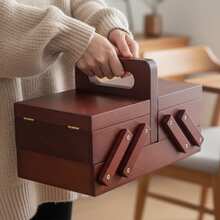 Wooden Expandable Sewing Box With Handle – Sewing Kit Storage Organiser For Embroidery, Quilting & Cross Stitch Supplies - Brown - View 5