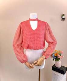 Hermiss Women's Chiffon Blouse With Gathered Elastic And Ruffle. One Size Fits S/M/L. New Autumn/Winter Collection. - 西瓜紅 - 查看 7