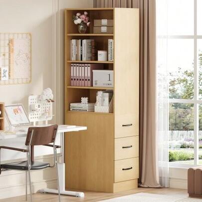 Extra Narrow 180cm High Bookcase With Side Drawers - Adjustable Shelves, Interchangeable Left And Right, Suitable For Small Spaces - Sideboard, Living Room Furniture, Bookcase