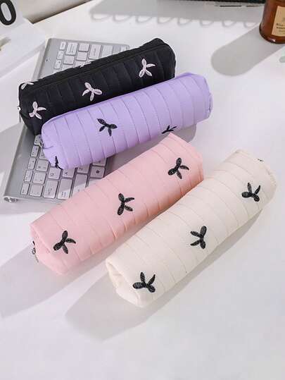 1PC Cylindrical Soft Pencil Case, Black Bowknot Pattern Decorated Stationery Storage Bag, Portable School Supplies For Students, Back-To-School Gift For Friends