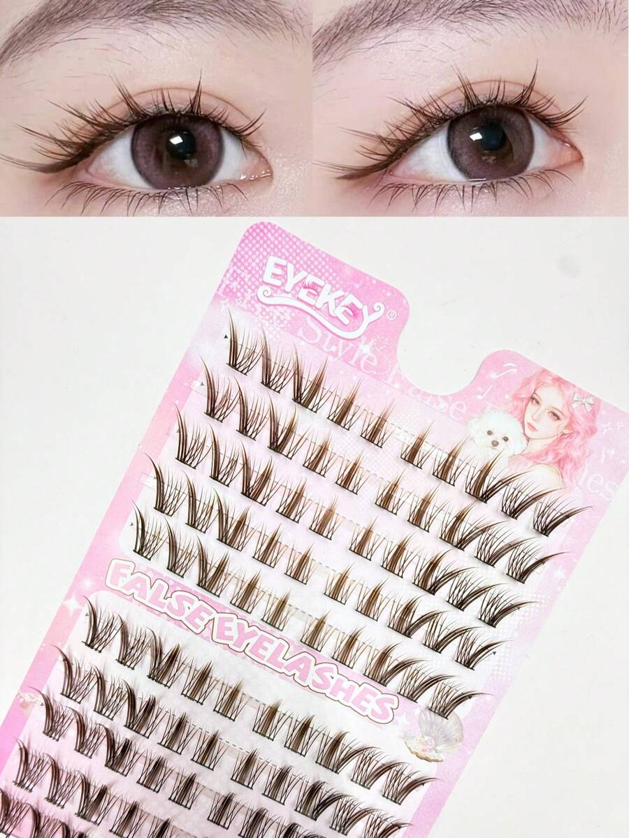 100片分段式单簇棕色九尾兔自然卡通风格假睫毛，简单易用，适合新手、派对和约会佩戴 - 查看 1