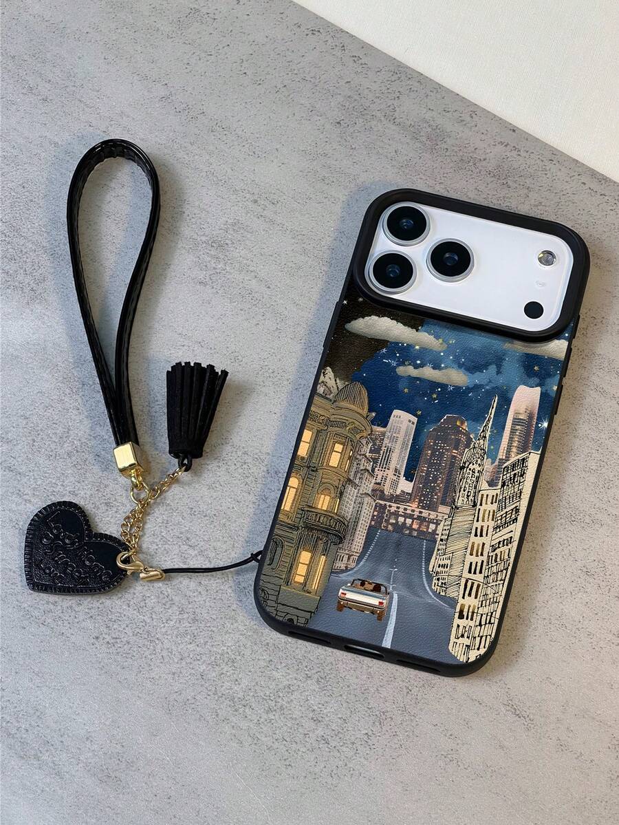1件装 时尚新款个性化城市旅行建筑图案荔枝纹理防摔防滑软手机壳+心形挂绳，兼容苹果手机 - 彩色 - 查看 1