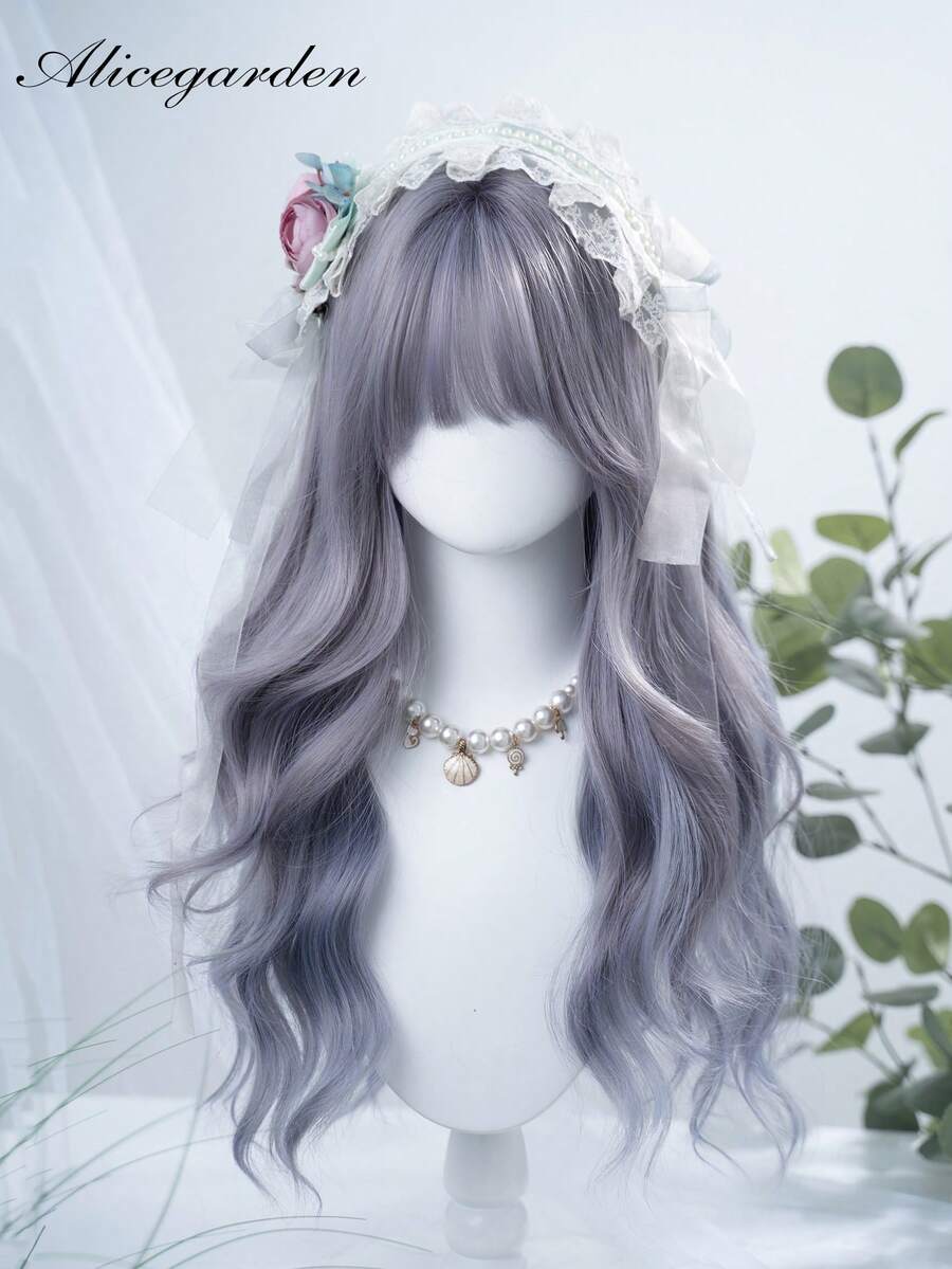 alicegarden Peruca sintética ondulada de 28 polegadas de comprimento, estilo natural, cinza-azul. Com franja, esta peruca é muito adequada para uso diário, proporcionando uma aparência natural e realista, imitando o cabelo feminino. (Acessórios não incluídos) - Cinza Azul - Ver 1