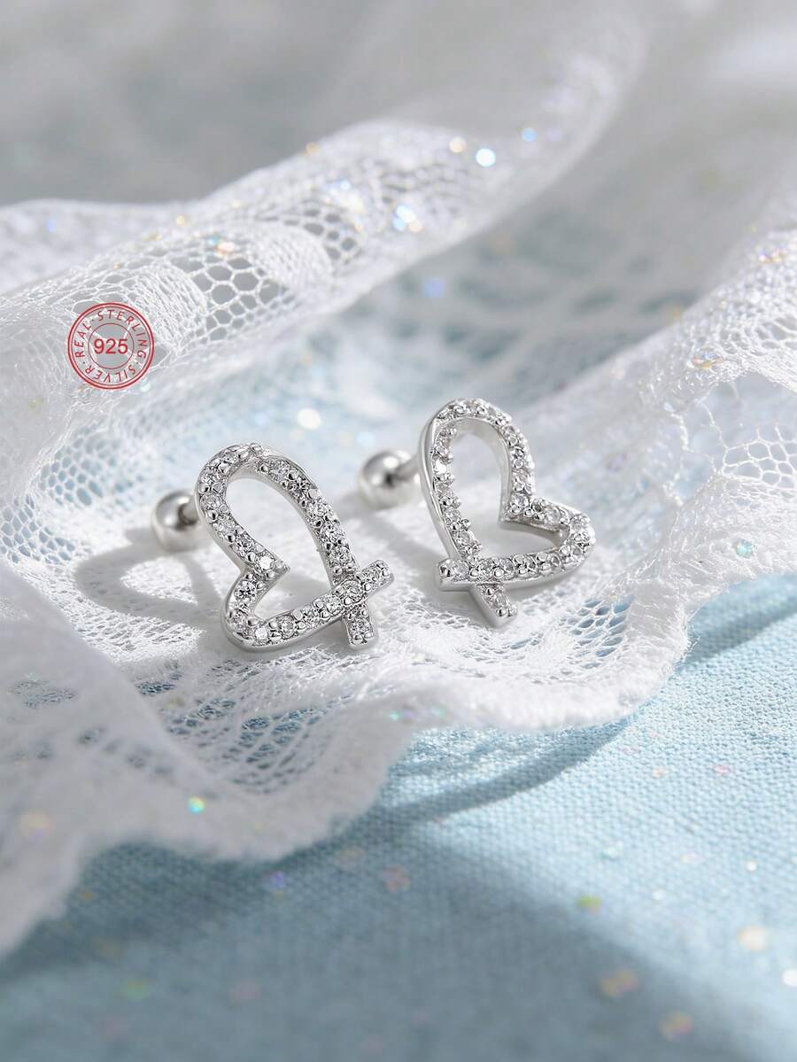 Artepollo 1 đôi bông tai hình trái tim bằng bạc sterling 925 không gây dị ứng, có chốt xoắn giúp chống rơi, quà tặng cho bạn gái và bạn bè. - Một cỡ - Xem 1