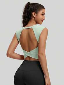 NcmRyu 1件装 女士圆领交叉露背弹力运动背心 - 綠色 - 查看 1