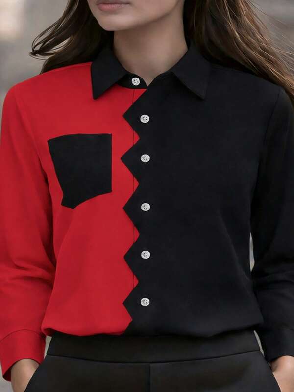 Camisa de botones con bloques de color para mujer talla grande, nueva llegada, para todas las estaciones