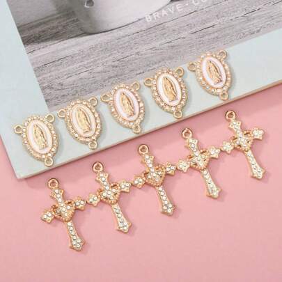 Set de 10 piezas de conectores con tres agujeros y colgantes en forma de cruz con rhinestones, adecuados para hacer collares en Y, rosarios y otras joyas DIY