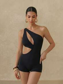 Anewsta Summer Beach One Shoulder Cut Out One Piece Swimsuit - Black - View 3