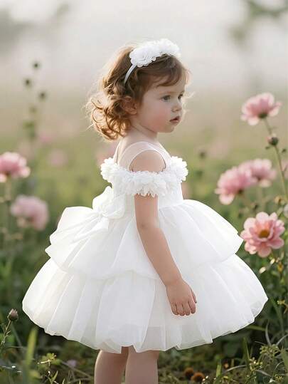 Baby Girls Round Neck Solid Color Lace Trim Back Bow Organza Cute Elegant 1st Birthday Party Christening Dress, Suitable For Flower Girl, Wedding, Celebration