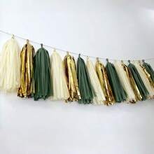 15件套鼠尾草绿金色铝箔流苏花环，带绳，纸巾流苏横幅DIY套装，适用于婚礼、生日、新娘送礼会、派对用品、单身派对、母亲节、毕业派对 - 綠色 - 查看 6
