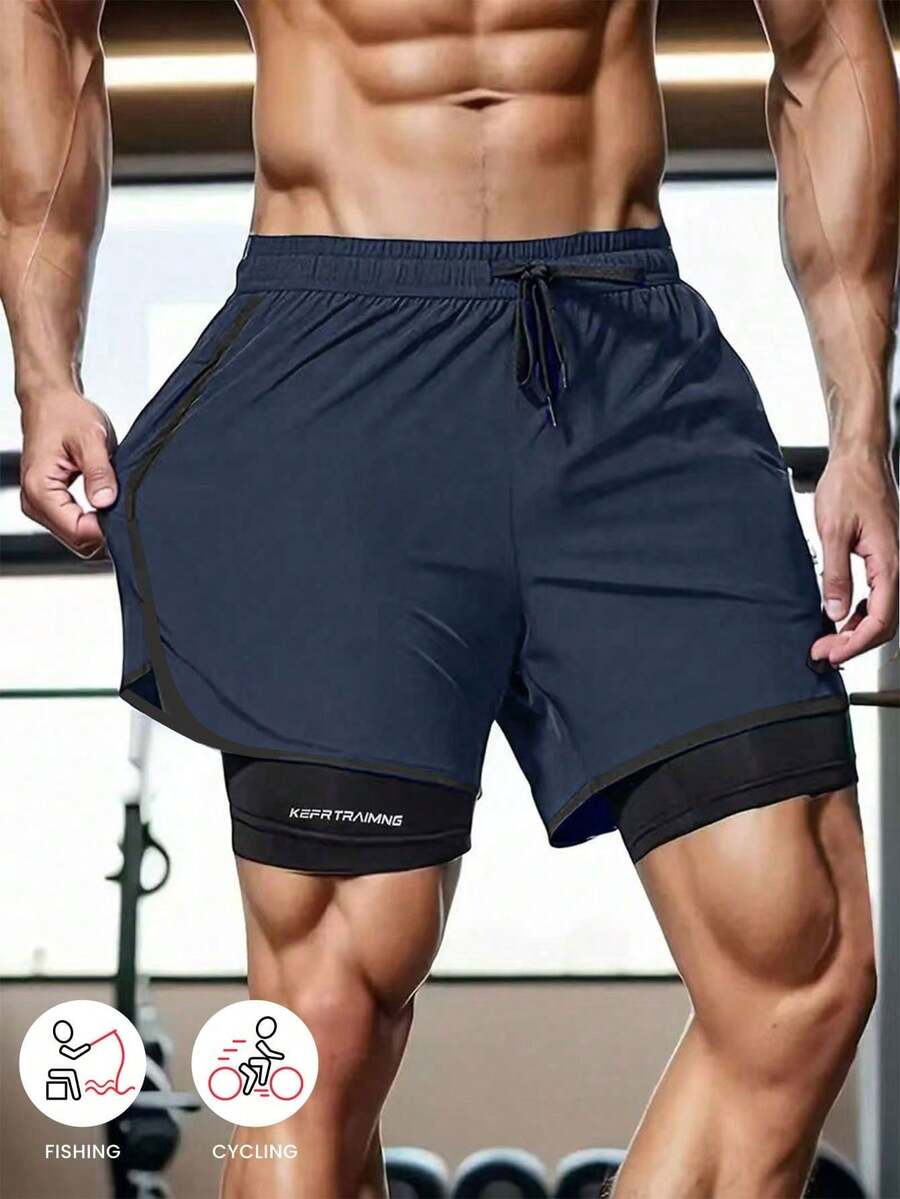 Quần short thể thao màu trơn cho mùa xuân/hè, quần short tập luyện hai lớp chống trượt, phù hợp cho cả nam và nữ, thích hợp cho chạy bộ, tập thể dục và các hoạt động ngoài trời. - Màu xanh hải quân - Xem 1