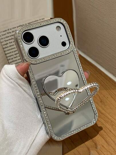 Luxury Rhinestone Heart-Shaped Phone Stand Mirror Case, Suitable Compatible With Iphone 17 Pro Max Series, S26U/25U/24U/S23U Series, Lightweight Elegant Hard Shell Design For Women