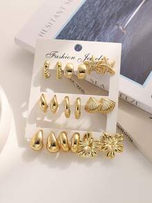 2-18pcs Fashionable Starfish, Flower & Geometric Metallic Gold Tone Earring Set, Elegant Earring Jewelry Set For Women, Suitable For Daily Wear - Gold - View 5