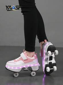 Upgraded High-End Kids Roller Skates LED Flashing Walk-And-Glide Shoes, Children & Teen Sports Shoes, Fashion Light-Up Walking Shoes, Outdoor Sports Roller Shoes, Cool Flashing Inline Skates For Boys & Girls, Lightweight Comfortable Sports Shoes, Kids Birthday Gift, Anti-Roll Reinforced Sole + Stable Support, Glowing Shoes For Safer Gliding, Breathable Comfortable Upper, Lightweight Durable, Street Style, More Visible & At Night, Peace Of Mind For Parents, Suitable For School, Outdoor & Daily Wear - Pink - View 3