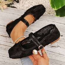 新款系带扣网眼蕾丝饰边黑色平底玛丽珍鞋，透气圆头女鞋 - 黑色 - 查看 11