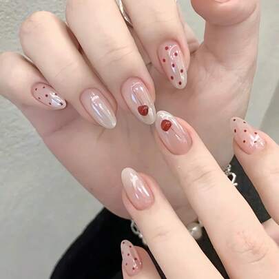 24個 ショート レッド ドット チェリー アーモンド ネイルステッカー + ジェルネイル 1個 + ネイルバッファー 1個 プレスオンネイル