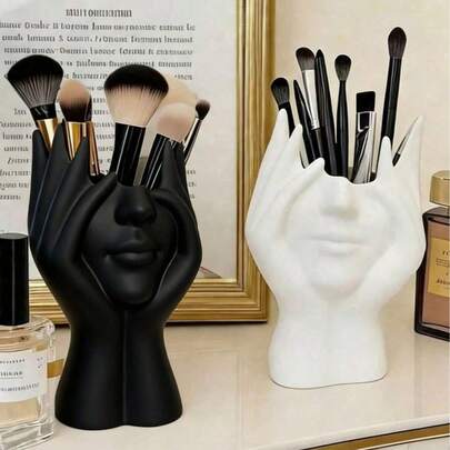 1个手工创意人体彩妆刷架 - 独特的人体彩妆刷架，桌面彩妆刷收纳盒，装饰树脂材质，防摔设计，雕塑装饰，轻巧便携，手工制作的桌面或浴室化妆品收纳盒，轻巧时尚，防滑，理想之选，情人节礼物，开学季收纳用品
