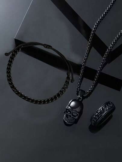 Set de 3 piezas de joyería para hombre - Collar con colgante de calavera y anillo, pulsera de cadena curva, regalo ideal para él en el Día de San Valentín