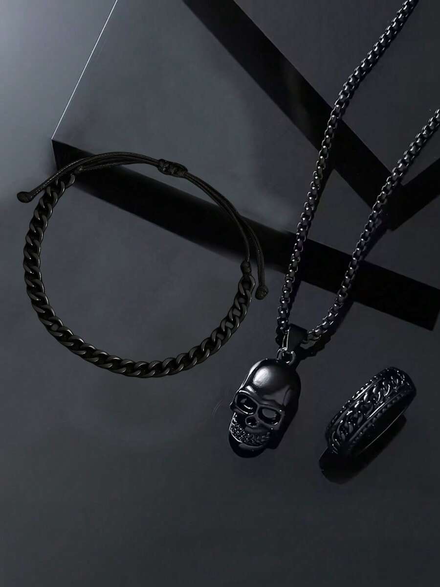 Bộ trang sức hình đầu lâu phong cách Gothic Punk bằng thép không gỉ 3 món, bao gồm mặt dây chuyền hình đầu lâu, vòng tay dây xoắn và nhẫn họa tiết, phù hợp cho những người yêu thích phong cách đường phố, trang phục thường ngày, tiệc Halloween, thanh thiếu niên và những người yêu thích phong cách Gothic Punk. - màu đen - Xem 1