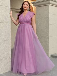 Đầm dự tiệc cỡ lớn dành cho nữ, màu trơn, thanh lịch, duyên dáng, phối lưới và ren tương phản, có khóa kéo, thích hợp cho phù dâu, dự tiệc tối, khách dự đám cưới, mẹ cô dâu, tiệc cocktail, dạ hội, mùa xuân/hè/thu/đông. - Màu Lilac Tím - Xem 5