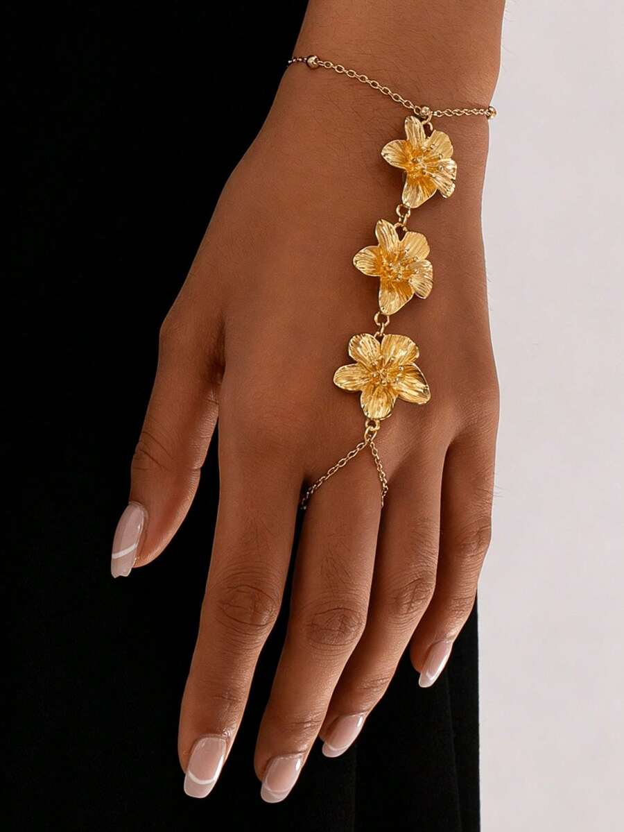 1pc 3-Layer 5-Leaf Clover Flower Gold Tone Knuckle Ring, Metallic Vintage European And American Style, Suitable For Women's Daily And Holiday Wear - Gold - View 1