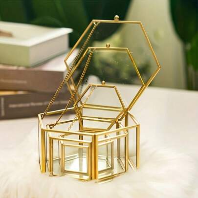 1pc Personalized Geometric Glass Ring Box With Gold Accents - Customizable Engraved Letter Design, For Weddings, Engagements And Rings - Elegant Keepsake, Engagement Gift For Her, Geometric Design, Intricate Engraving