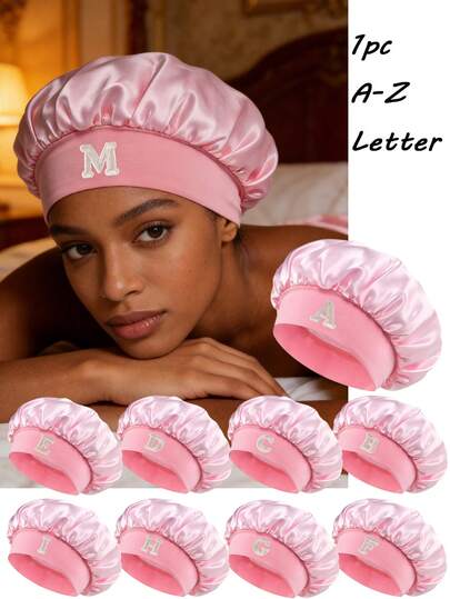 1 pieza Gorro de satén con letra personalizada A-Z, unisex. Gorro de seda suave para dormir, cómodo gorro para dormir, gorro de satén suave con acabado satinado para uso diario, para protección del cabello, control del frizz y trenzas, regalo para el Día de San Valentín para mujeres