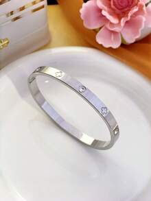 4pcs/1 Peça Conjunto de Pulseira e Trevo de Strass em Aço Inoxidável de Luxo da Moda, Conjunto de Joias Femininas Elegantes Vintage, Adequado para Uso Diário, Presente, Festa, Presente de Feriado da Moda - Prata - Visão 5