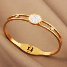 1 pieza Brazalete de acero inoxidable con cierre decorado con circonita cúbica de forma redonda, adecuado para uso diario de mujeres - pulsera - Ver 4
