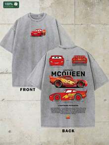 Disney-Racing Mobilization Lightning McQueen PureCotton Short Sleeved T-Shirt For Men's Summer DoingOld Water Washed Loose Large Top With Front AndRear Printed Casual Half Sleeve Parent Child Wear - Grey - View 1