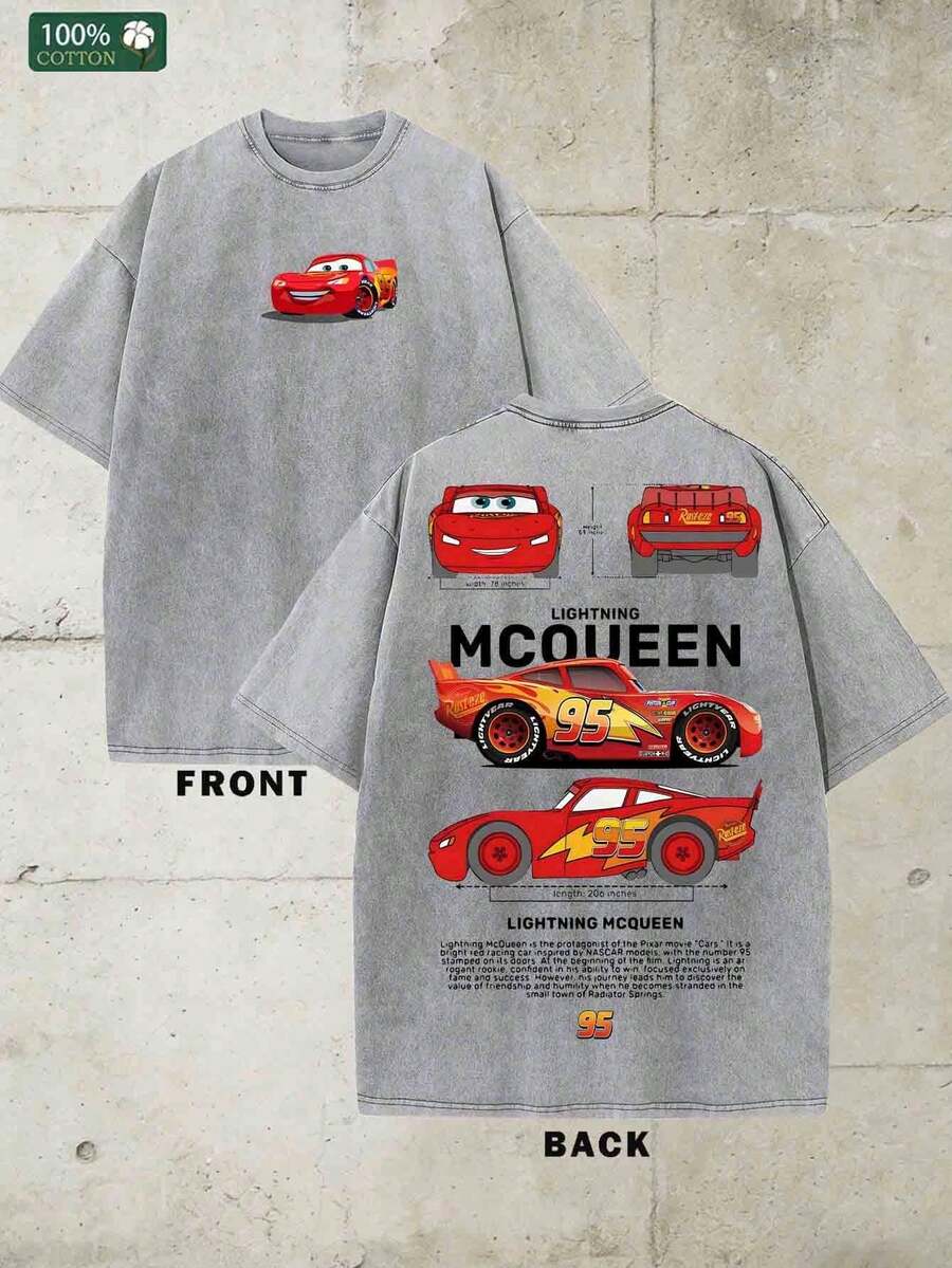 Disney-Racing Mobilization Lightning McQueen PureCotton Short Sleeved T-Shirt For Men's Summer DoingOld Water Washed Loose Large Top With Front AndRear Printed Casual Half Sleeve Parent Child Wear - Grey - View 1