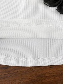 Toddler Girls' Fashionable Casual Cute Set, Floral Sleeveless Half-Open Collar Blouse + Bowknot Pleated PU Leather Skirt - White - View 7