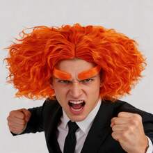 Short Vibrant Orange Curly Clown Cosplay Wig With Optional Eyebrows – Fun, Fluffy & Fabulous For Holiday, Circus & Party Costumes, Soft Synthetic Heat Resistant Fibers, Lightweight & Comfortable - One Size Fits Most - Easy To Style & Wear (Unisex) - Multicolor - View 7