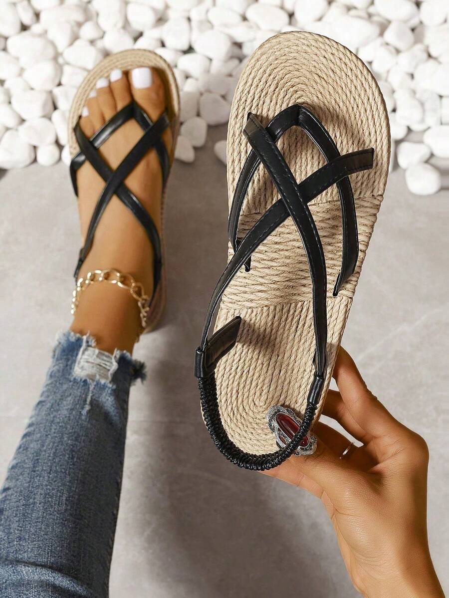 Nuevas sandalias de playa planas minimalistas de moda para el verano, para mujeres - Negro - Ver 1