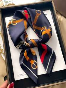 1pc Paisley Print Faux Silk 70cm Square Scarf, Men's Bandana, Versatile Neck Scarf, Sun Protection - Navy Blue Chain - View 3