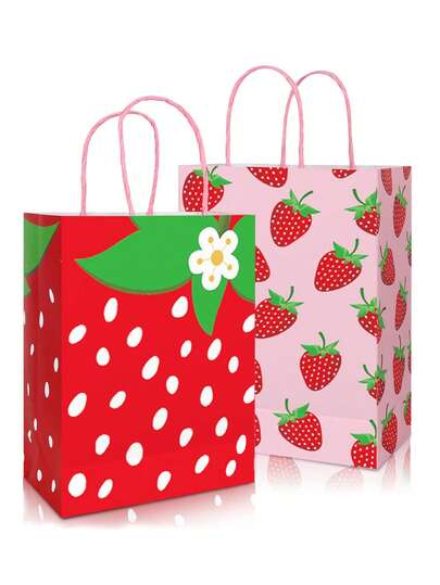 12pcs/Strawberry-Themed Gift Tote Bags, Pink Paper Party Gift Bags, Strawberry Fruit-Patterned Gift Bags-Perfect For Sweet Birthday Parties, Holiday Celebrations, And Babyshower Decorations.