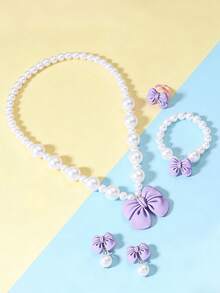 Set de 5 piezas de joyería con moño y perlas para niños, incluye collar, pulsera con cuentas, anillo y aretes, adecuado como regalo de fiesta de cumpleaños o para uso diario de niñas - Unitalla - Ver 2