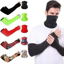 2Pcs/Set UV Sun Protection Arm Sleeves With Face Covering Bandana Neck Gaiter Scarf Ice Silk Cooling Sleeves To Cover Arm Tattoo For Men Summer Outdoor Activities Supplies,Beach,Holiday - Multicolor - View 8